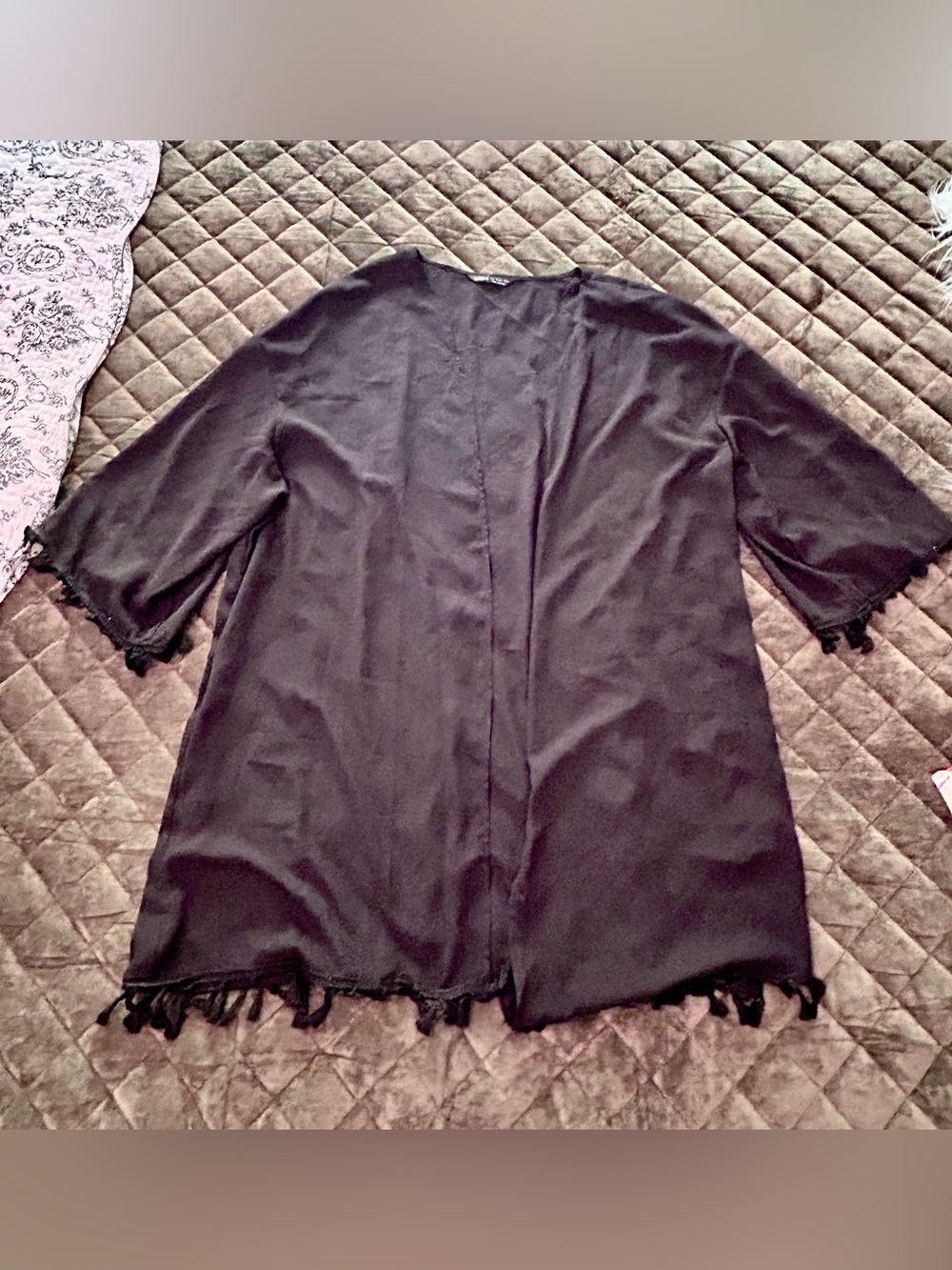SHEIN Black Fringe Swim Kimono Cover-Up